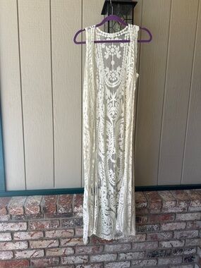 Lace Crochet Long Vest - Cream
